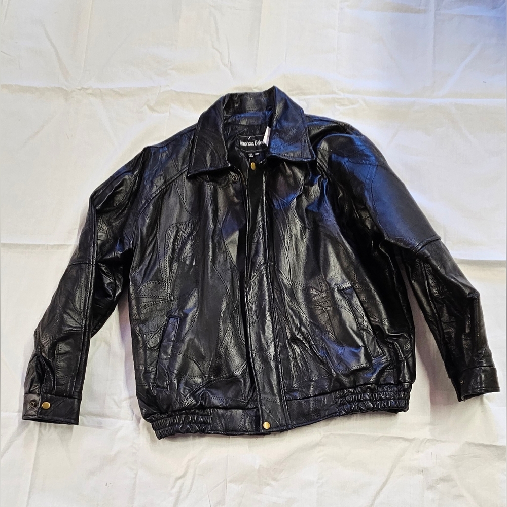 American Living Black Leather Bomber Jacket - Men's Casual Zip Front